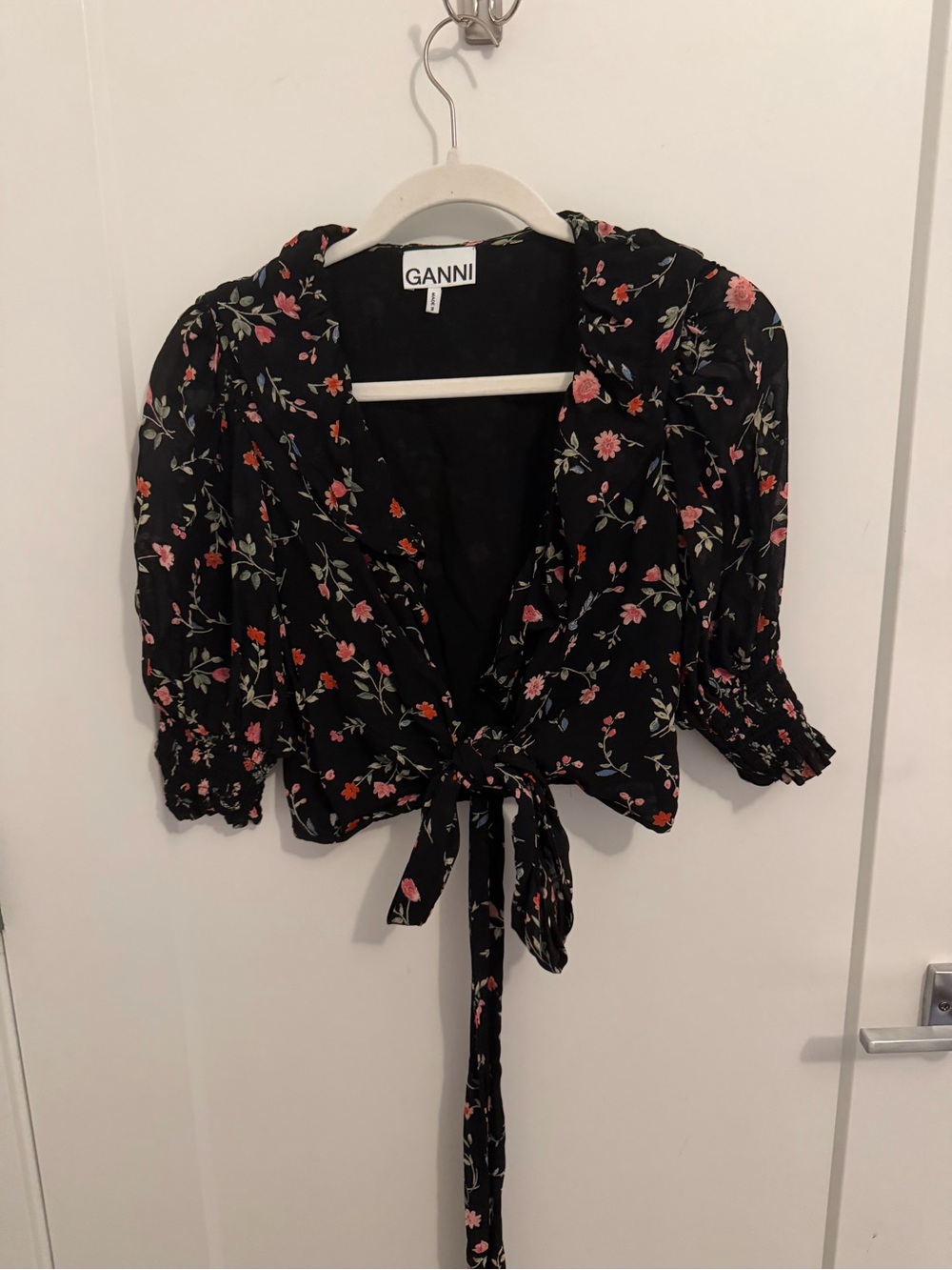 Ganni Black Floral Tie-Front Blouse with Pink & Orange Blooms